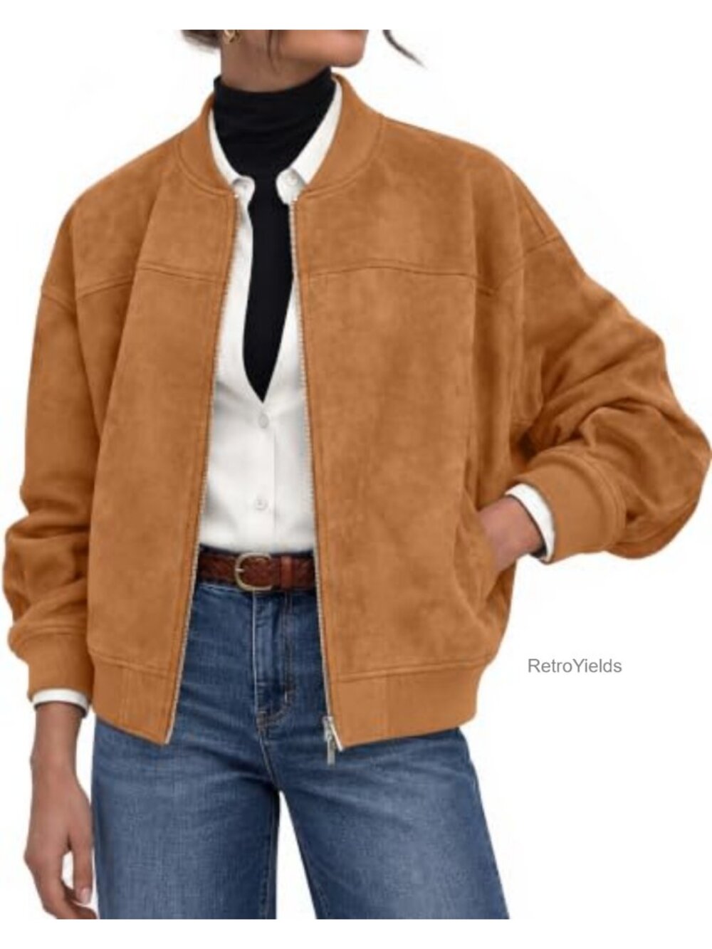 Faux Suede Cropped Bomber Jacket Zip Up Casual Fall Coat